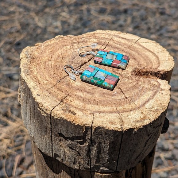 Santo Domingo Pueblo Mosaic Dangle Earrings Native American Jewelry R.Rosetta*** - Picture 5 of 9